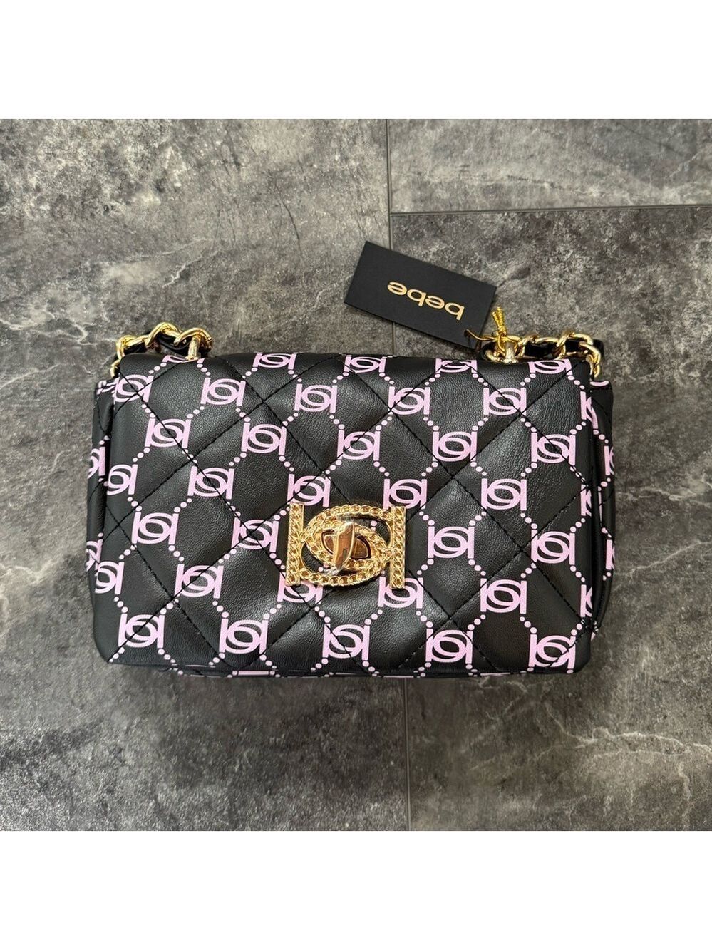 bebe Mini Monogram Crossbody Black And Pink Bag Purse NWT